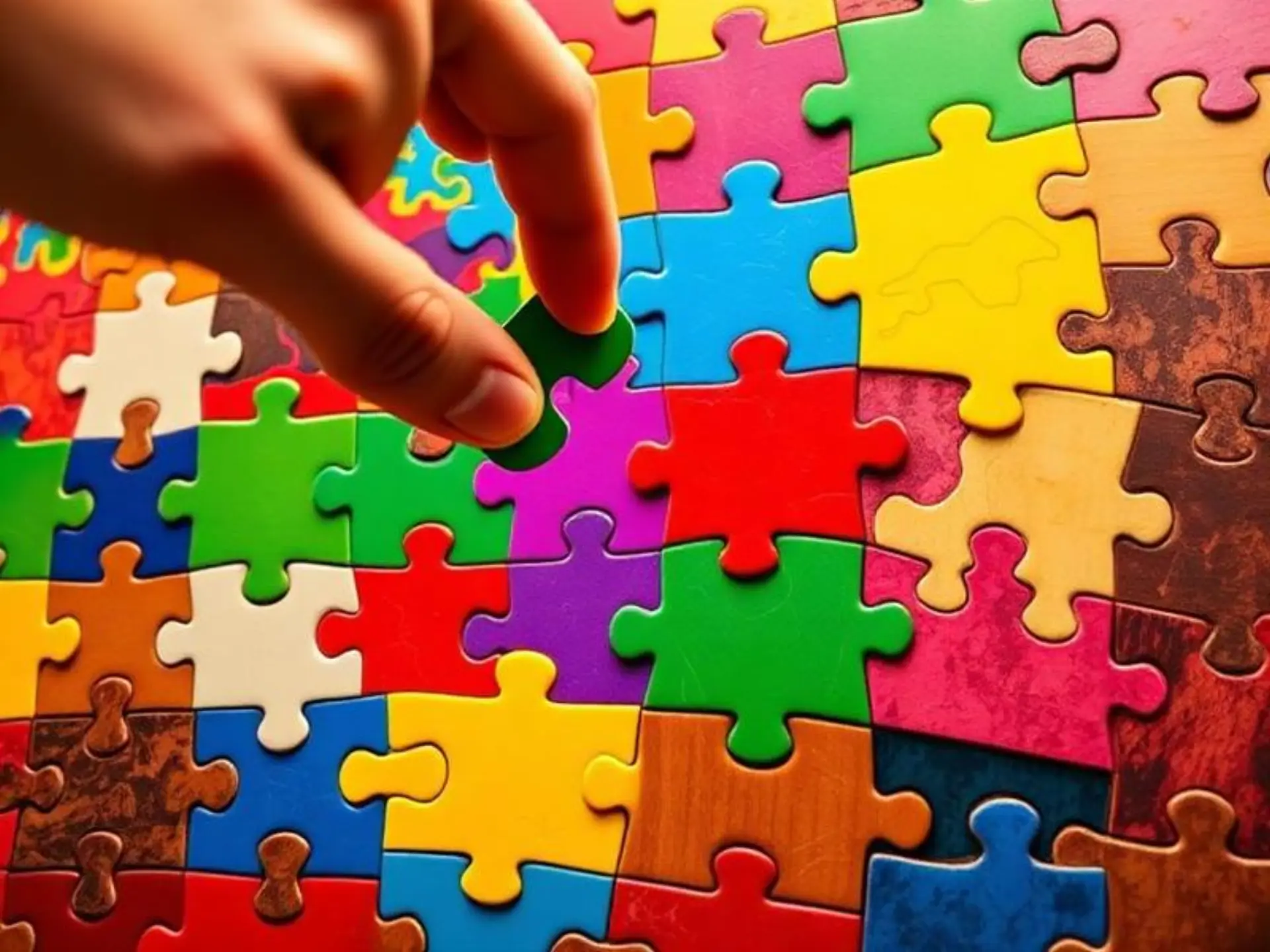 A hand adding a piece to a colorful puzzle